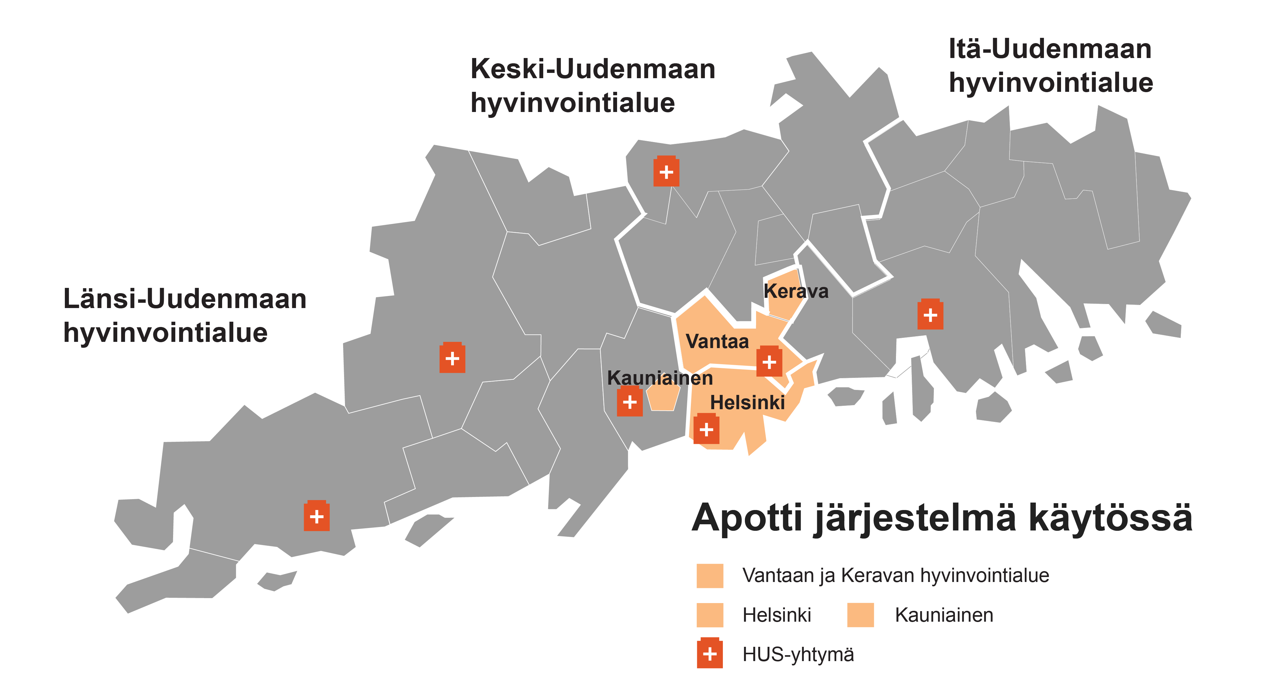 Kartta Uudenmaan alueesta, joka näyttää missä kaikkialla Apotti-järjestelmä on käytössä. 