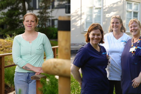 Kuvassa vasemmalla Riistavuoren seniorikeskuksen fysioterapeutti ja Apotti-koordinaattori Noora Grönlund. Oikealla kuvassa Laakson sairaalan apulaisosastonhoitaja Elina Sipari, osastonhoitaja Karla Wendt ja apulaisosastonhoitaja ja Apotti-koordinaattori Elina Manninen.